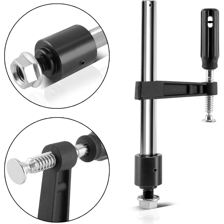 STAHLWERK Spannzwinge / Schraubzwinge 80 x 200 mm mit Fixierbolzen, Anschlag und Sicherungsschraube für Schweißtische mit D 22 Lochsystem