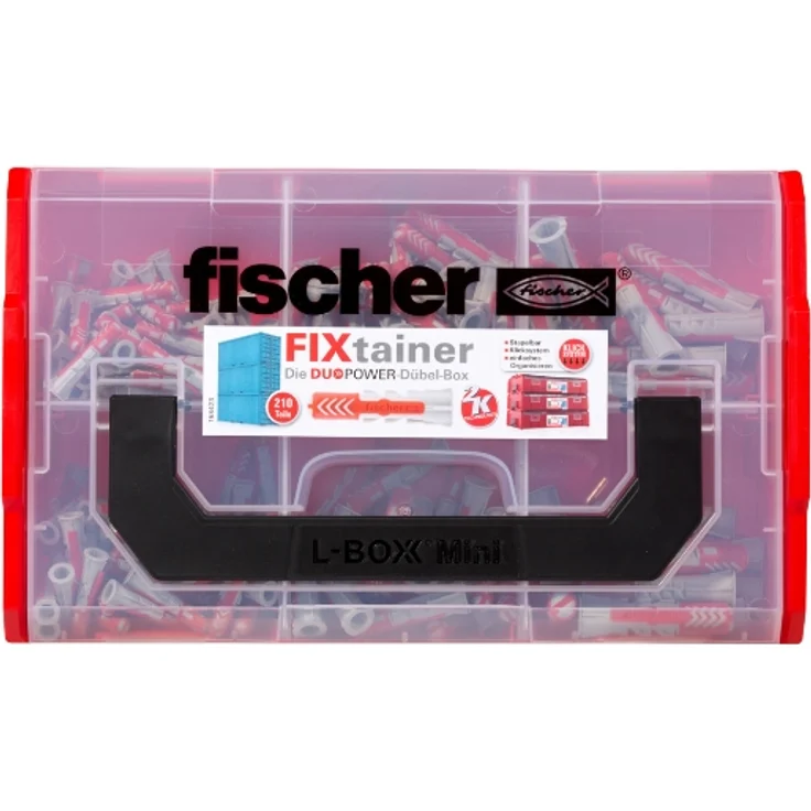 fischer FixTainer - DuoPower (210 Dübel) 535968, Dübel-Sortimentsbox mit Tragegriff & Klicksystem, 120 x DuoPower 6 x 30, 60 x DuoPower 8 x 40, 30 x DuoPower 10 x 50 - Preisvergleich – Bild 2