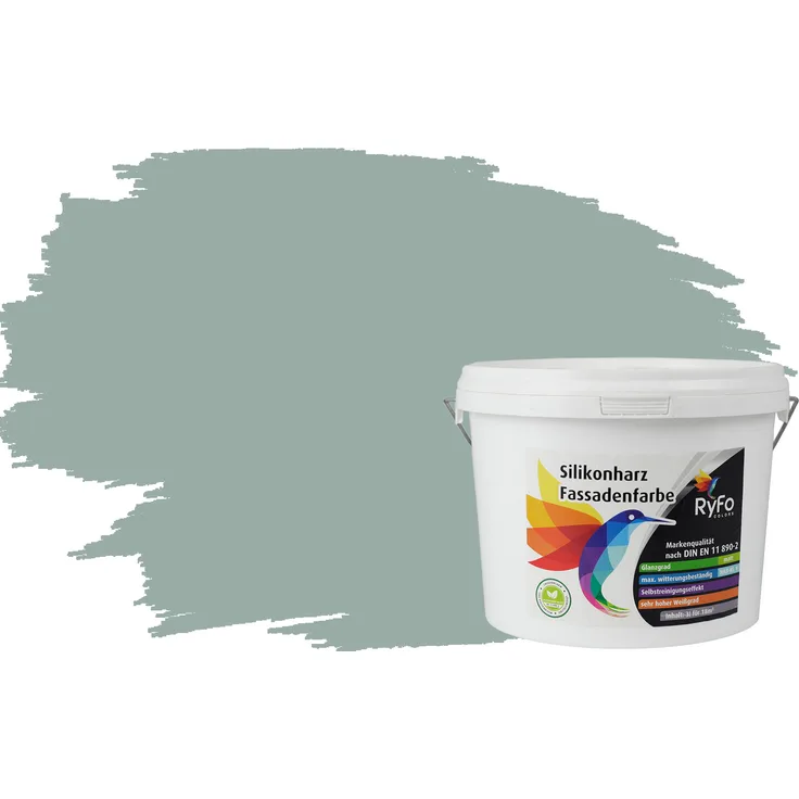 RyFo Colors Silikonharz Fassadenfarbe Lotuseffekt Trend Moosgrau 3l - bunte Fassadenfarbe, weitere Grau Farbtöne und Größen erhältlich, Deckkraft Klasse 1