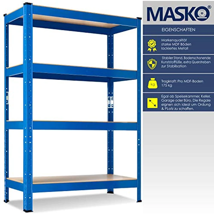MASKO 2er-Set Lagerregal Schwerlastregal, Kellerregal , bis 875 kg belastbar, 5 verstellbare Ablagen, MDF-Platten Regal aus Metall, Steckregal, Werkstattregal, Keller, Garage 2x 160x80x40cm 4-Böden, 2x Blau 700kg – Bild 2