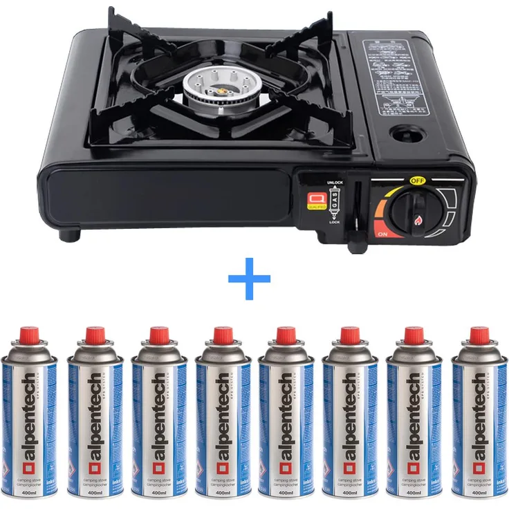 Campingkocher + 8x Gaskartuschen 227g Transportkoffer Camping Gaskocher mit Piezozündung Schwarz Butangas-Butan Gas Kartusche 227g-Piezozündung-Herd-Kochfeld