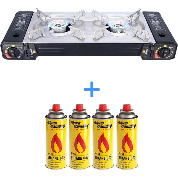 Campingkocher + 4x Gaskartuschen 227g Camping 2 flammig Gaskocher mit Piezozündung