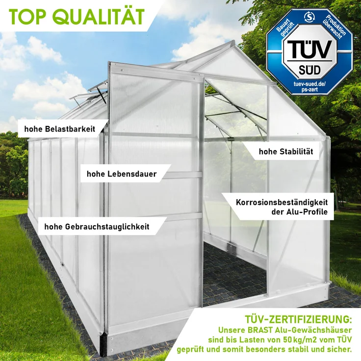 BRAST Gewächshaus Aluminium 380x190x195cm Silber mit Fundament rostfrei TÜV geprüft Alu Treibhaus Glashaus Tomatenhaus – Bild 5