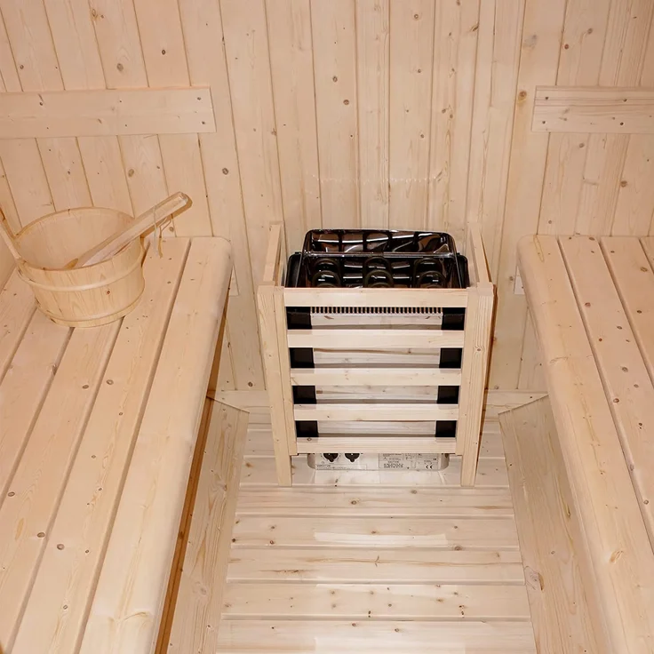 HOME DELUXE - Outdoor Fasssauna LAHTI DELUXE L - Maße: ca. 192 cm x 195 cm x 220 cm, Holz: Fichtenholz - inkl. Elektroofen und kompl. Saunazubehör I Gartensauna, Außensauna, Sauna für 4 Personen – Bild 6