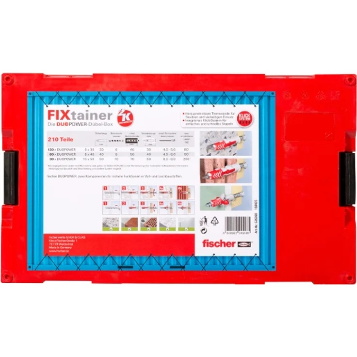 fischer FixTainer - DuoPower (210 Dübel) 535968, Dübel-Sortimentsbox mit Tragegriff & Klicksystem, 120 x DuoPower 6 x 30, 60 x DuoPower 8 x 40, 30 x DuoPower 10 x 50 - Preisvergleich – Bild 3