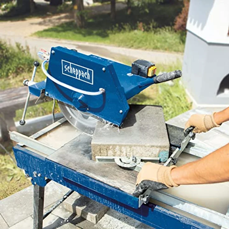 Scheppach HSM3500 Steintrennmaschine Fliesenschneider | inkl. Fahrvorrichtung & Diamanttrennscheibe | 700mm Schnittlänge | 110mm Schnitthöhe | inkl. Wasserpumpe & Winkelanschlag | Sägekopf 0°- +45° – Bild 5