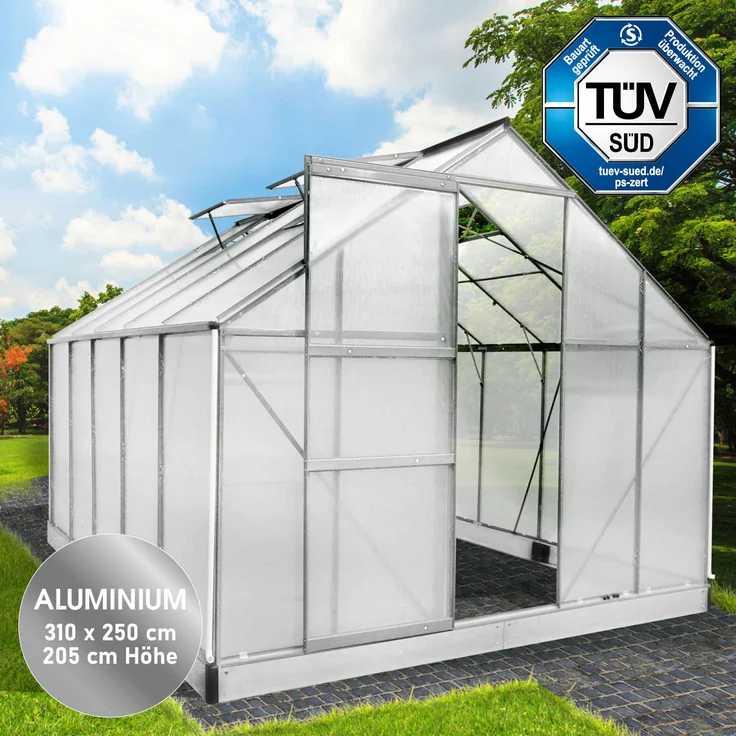 BRAST Gewächshaus Aluminium mit Fundament rostfrei geprüft 6mm Platten 310x250x205cm Silber – Bild 1