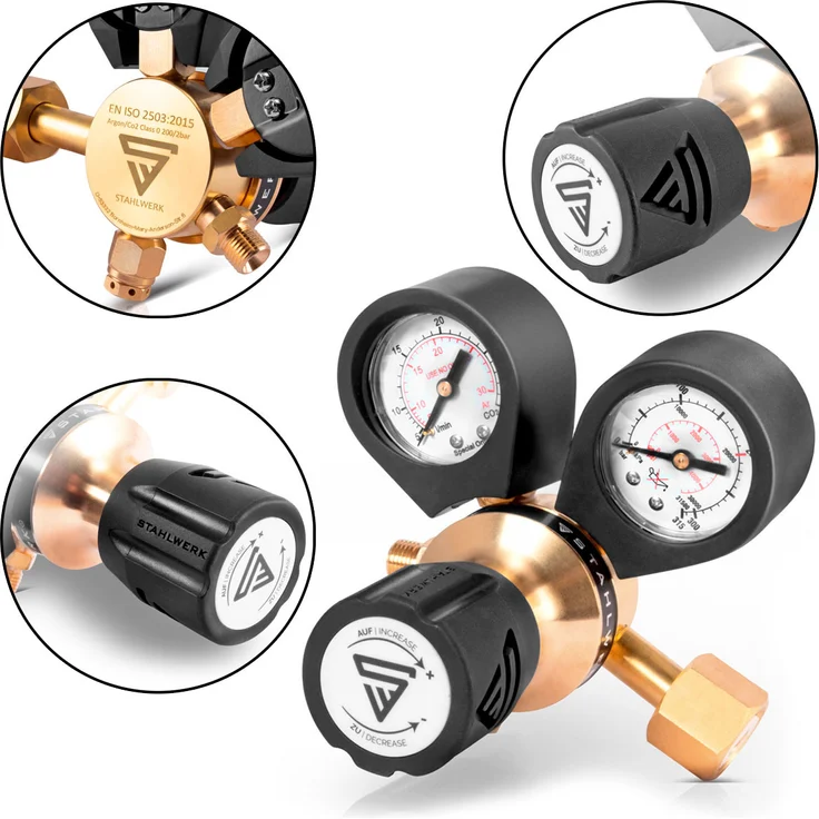 STAHLWERK Druckminderer für ARGON /CO2 / Mischgas / Schutzgas bis 200 Bar und 32 L/Min. für WIG / MIG / MAG Schweißgeräte, massive Bauweise, hergestellt nach DIN EN ISO 2503 – Bild 5