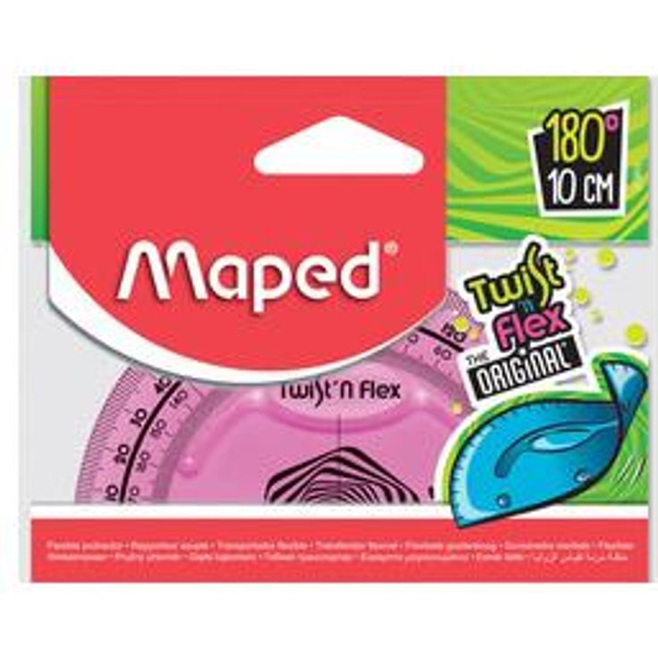 Maped Halbkreis-Winkelmesser Twistn Flex 180 Grad Länge: 100 mm, flexibel, unzerbrechlich, kann spielerisch ohne Ende verdreht werden, in Schutzetui mit Aufhängeöse, die Lieferung erfolgt farbig sortiert in blau-, pink- und grün-transparent - kein Farbwuns