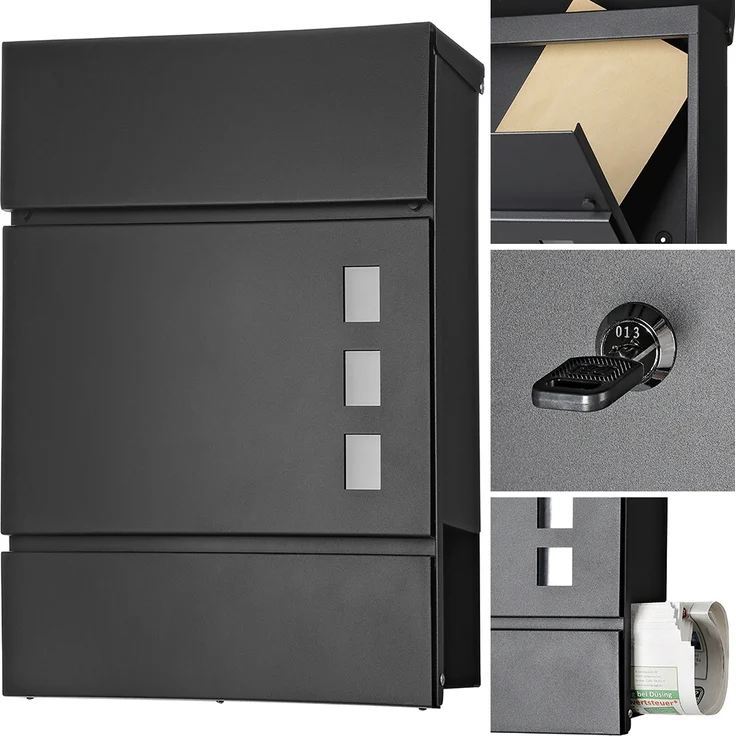 Briefkasten Edelstahl Wandbriefkasten Zeitungsfach Zeitungsrolle Namenschild Design Mailbox Kasten Postkasten Wandmontage - Schwarz – Bild 2