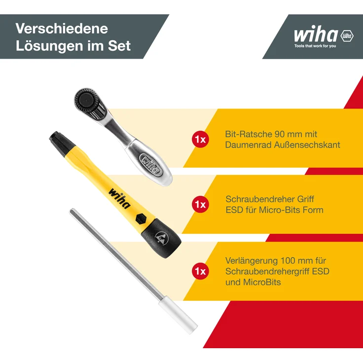 Wiha Micro Bit Set 66-tlg. inkl. Aufbwahrungsbox (39971) I Feinmechanik Schraubendreher Set mit Bit Halter, Steckschlüssel, ESD Schraubendreher Griff, Ratsche, Griff Verlängerung und Adapter – Bild 3