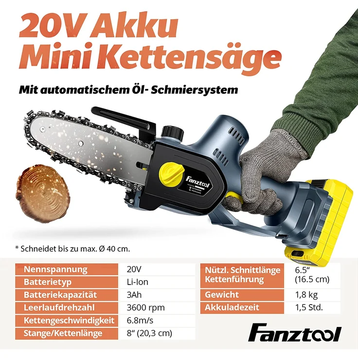 FANZTOOL 20V Akku Handsäge, Kettensäge mini 1,8 kg, EC-Motor, 3Ah Akku mit Ladekabel, 8 Zoll Sägekette, Autoschmierung – Bild 2