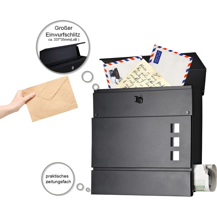 Briefkasten Edelstahl Wandbriefkasten Zeitungsfach Zeitungsrolle Namenschild Design Mailbox Kasten Postkasten Wandmontage - Schwarz – Bild 4