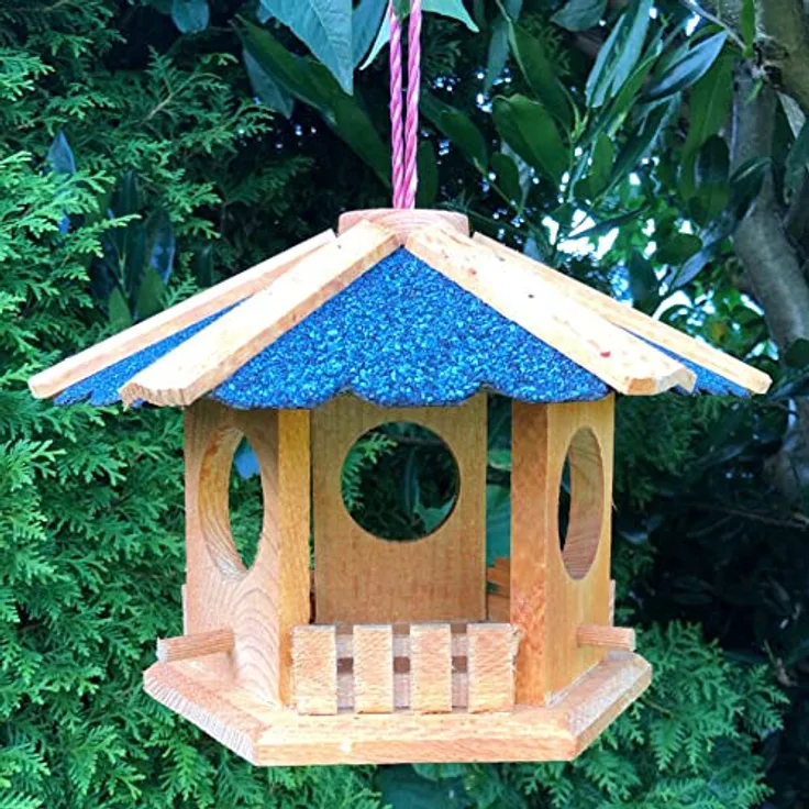 Vogel Futter Haus Futterstelle Sechseck aus Holz Vogelhaus zum Hängen Braun-Blau