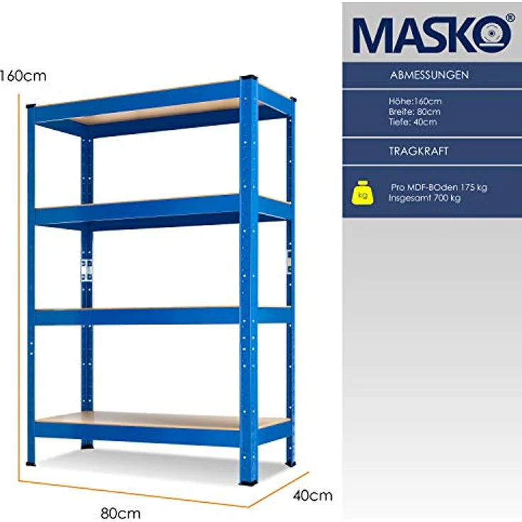 MASKO 2er-Set Lagerregal Schwerlastregal, Kellerregal , bis 875 kg belastbar, 5 verstellbare Ablagen, MDF-Platten Regal aus Metall, Steckregal, Werkstattregal, Keller, Garage 2x 160x80x40cm 4-Böden, 2x Blau 700kg – Bild 7