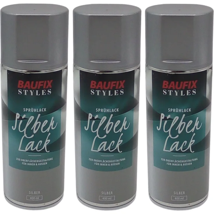 3x Baufix Silber Lackspray 400ml Farbspray Sprühdose Lack Buntlack Sprühfarbe