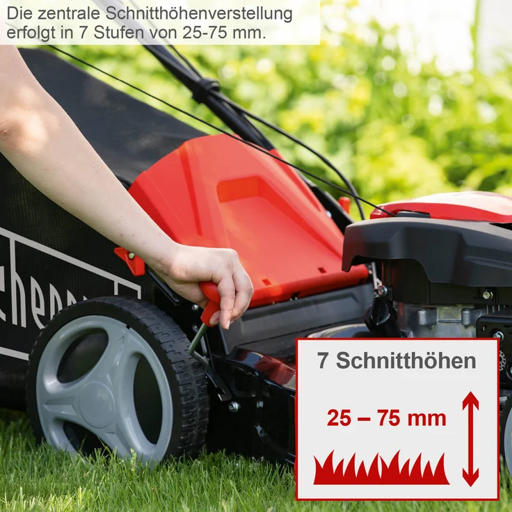 Scheppach MS173-51 Benzin Rasenmäher mit Antrieb - 51cm Schnittbreite | Reinigungsfunktion | 65 Liter Fangkorb | Stahlgehäuse | 7-stufige Höhenverstellung | Mulchfunktion | Seitenauswurf | Radantrieb – Bild 4