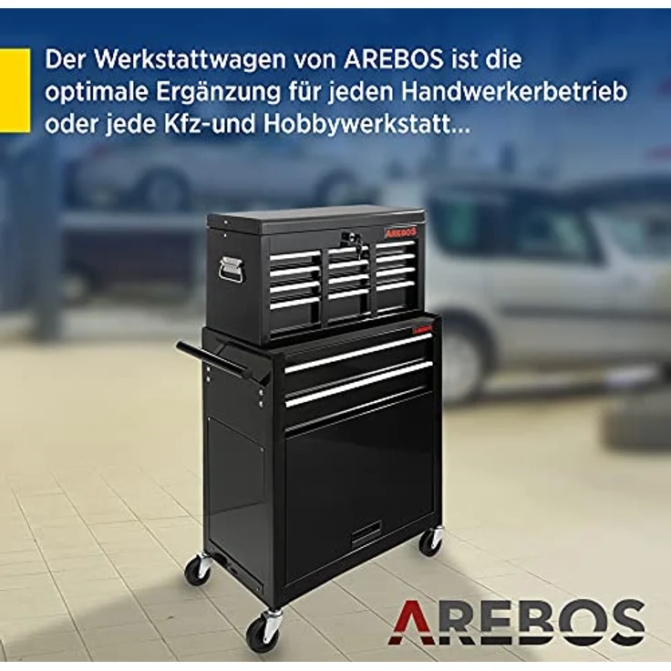 Werkstattwagen Werkzeugwagen Werkzeug Rollwagen Werkzeugkasten 9 Fächer schwarz - Schwarz - Arebos – Bild 3