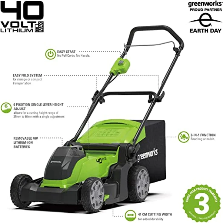 Greenworks Tools G40LM41K2X Rasenmäher 2in1 Mulchen & Mähen, Li-Ion 40V,mit 2 Akku 2 Ah & Ladegerät, 40 V, grün, 50l Fangkorb – Bild 3