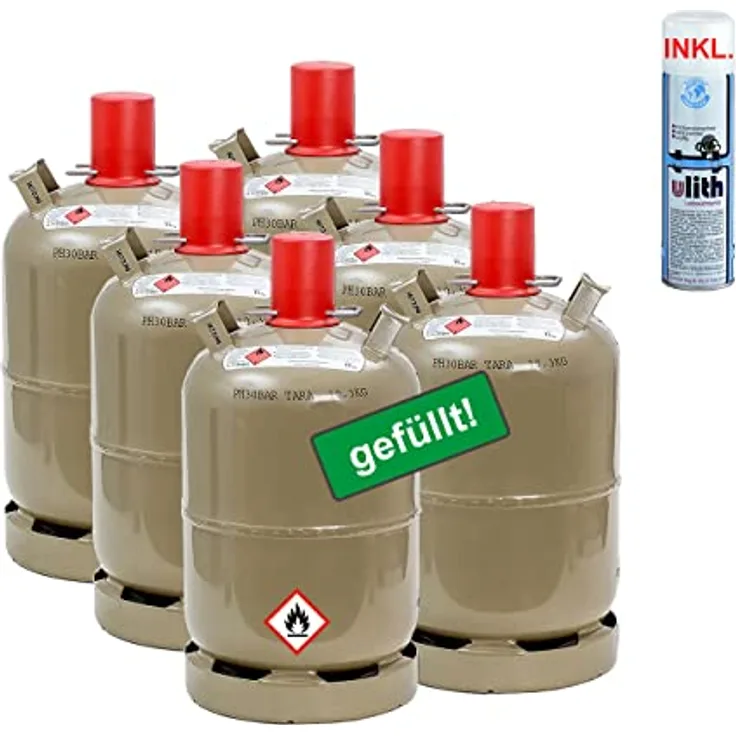 6x Propan-Gasflasche 11 kg gefüllt, inkl. Lecksuch  spray für Camping, Gasgrill, Gaskocher