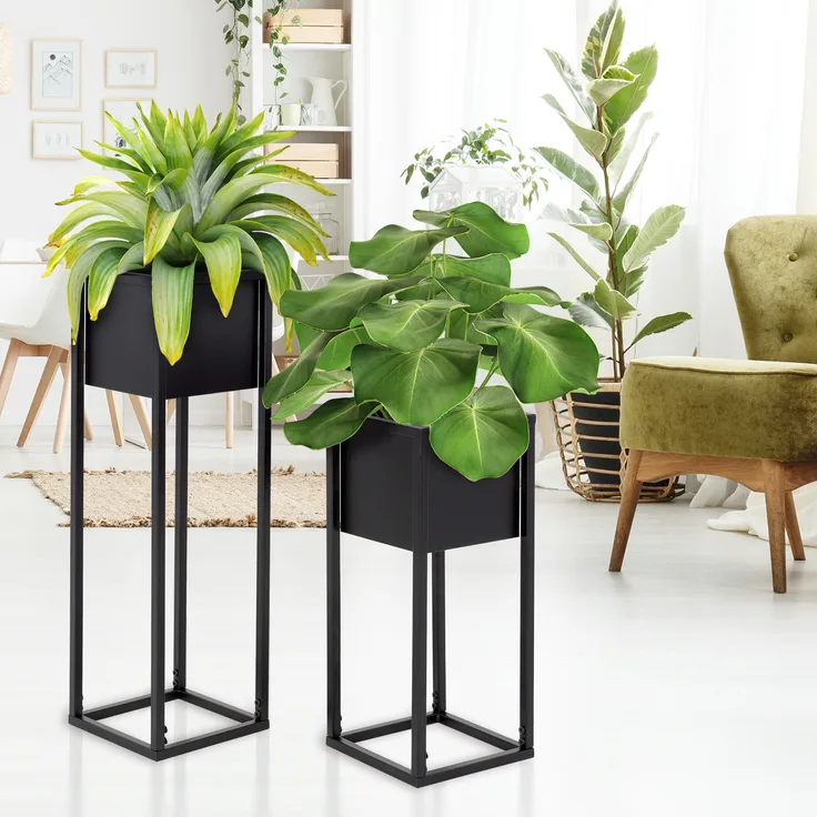 ML-Design 2er Set Blumenständer, schwarz, 21x50/70x21 cm, pulverbeschichtetes Metall
