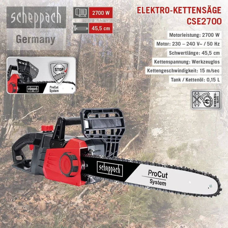 Scheppach Elektro-Kettensäge CSE2700, 230V 2700 Watt, 455 mm 18" ProCut Schwert und Kette, autom. Kettenschmierung, Handschutz mit integrierter Kettenbremse, werkzeuglose Kettenspannung – Bild 8