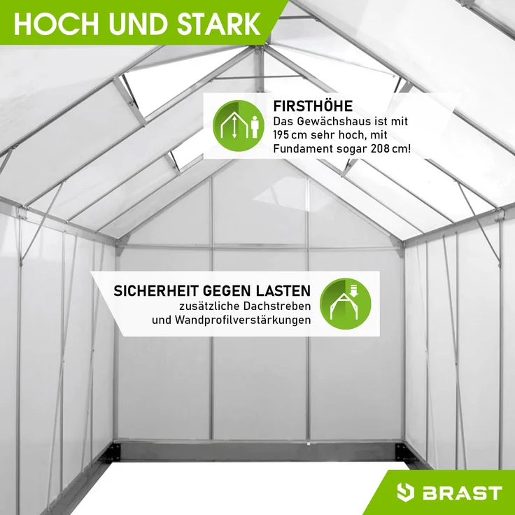 BRAST Gewächshaus Aluminium 380x190x195cm Silber mit Fundament rostfrei TÜV geprüft Alu Treibhaus Glashaus Tomatenhaus – Bild 9