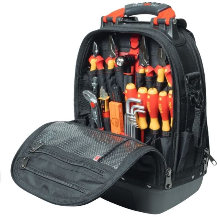 Wiha Profi Werkzeugrucksack bestückt mit Werkzeug 26-teilig (45153) für Elektriker I Werkzeugtasche, ergonomisches Rückenbett, wasserfester Standboden, aufhänge Ösen, Werkzeugkoffer