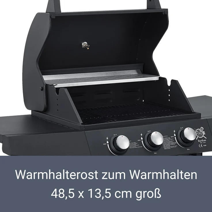 Juskys BBQ Gas-Grill Louisiana 3 Brenner Stahl-Korpus Grillrost, Deckel mit Thermometer, Warmhalterost & Seitenablagen Grillwagen Griller – Bild 6