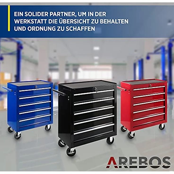 Werkstattwagen Werkzeugwagen Rollwagen Toolbox 5 Schubladen kugelgelagert - Schwarz - Arebos – Bild 6