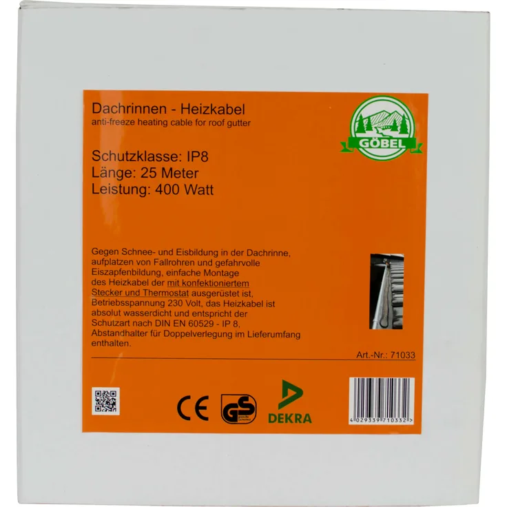 Göbel Dachrinnenheizung 25 Meter Heizkabel Auftaukabel Frostschutzkabel Heizkabel 400 Watt