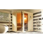 WEKA Massivholzsauna CUBILIS ECK Gr.1, Rundum Sorglos Paket inkl. Lieferung, Aufbau, Licht, naturbelassen