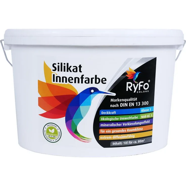 RyFo Colors Silikat Innenfarbe 10l - Mineral-Farbe, Silikatfarbe, Wandfarbe, weiß, Allergiker-geeignet, zertifiziert Deckkraft Klasse 1, Nassabrieb Klasse 1