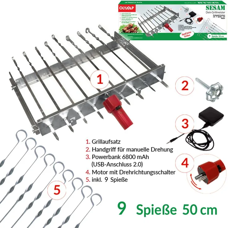 Schaschlik Spießdreher Edelstahl Sesam für 9 Spieße Motor Powerbank USB Spieße