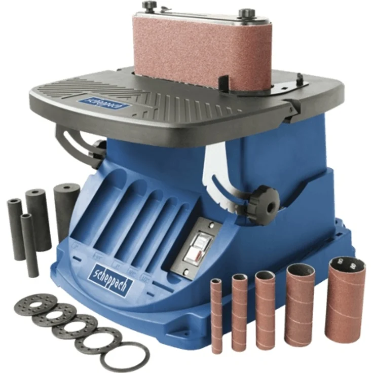 Scheppach oszillierender Spindelschleifer OSM600 (Spindelschleifmaschine mit 450 Watt, neigbar bis 45°, Alu-Tisch, Oszillationshub 16 mm) inkl. 5 Schleifhülsen & 4 gummierten Schleifwalzen – Bild 1
