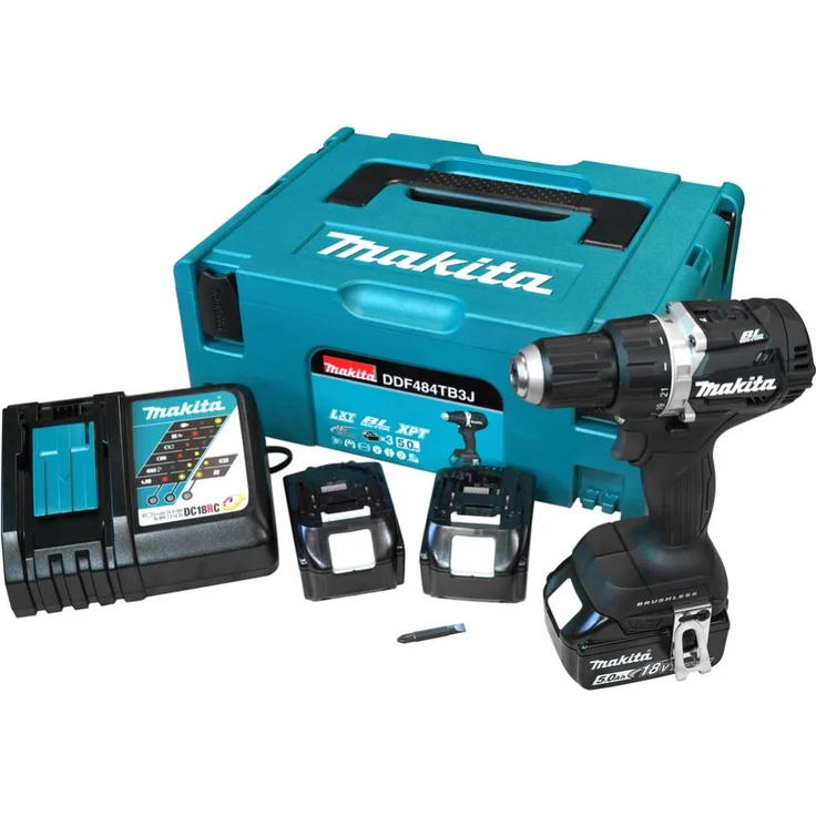 Makita DDF484TB3J Akku Bohrschrauber Black Edition 3x 18V 5,0 Ah Ladegerät mit Makpac mit Zubehör 1,5 - 13 mm Bohrfutter 38 mm, 13 mm Bohrleistung 54 Nm hart - 30 Nm weich schwarz 500 - 2000 U/min 2-Gang – Bild 1