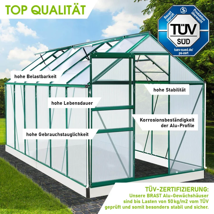 BRAST Gewächshaus Aluminium 380x190x195cm Grün mit Fundament rostfrei TÜV geprüft Alu Treibhaus Glashaus Tomatenhaus – Bild 5