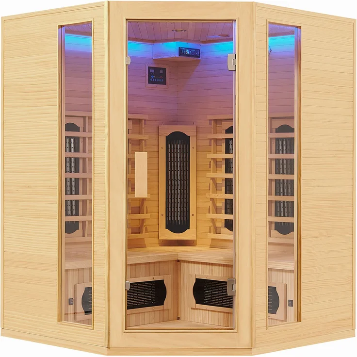 Artsauna Infrarotkabine Nyborg E150K – Infrarotsauna 4 Personen – LED-Farblicht, digitaler Steuerung, 7 Keramikstrahler, 1 Flächenstrahler – Hemlockholz, 150 x 150 x 190 cm – Bild 1