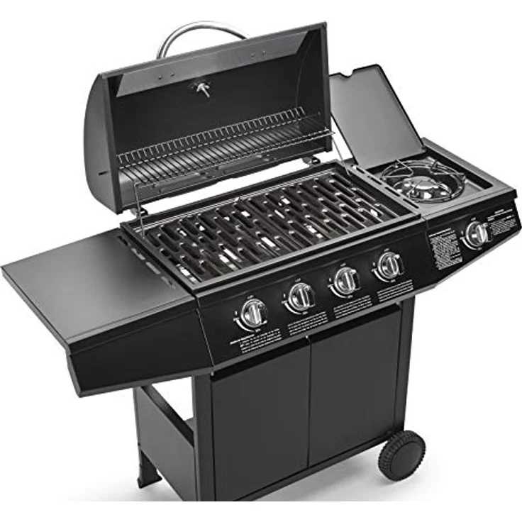 TAINO BASIC 4+1 Gasgrill mit Seitenbrenner Gasgrill 4 Brenner BBQ Grillwagen Edelstahl-Brenner Schwarz Piezozündung 126 x 103 x 50 cm – Bild 4