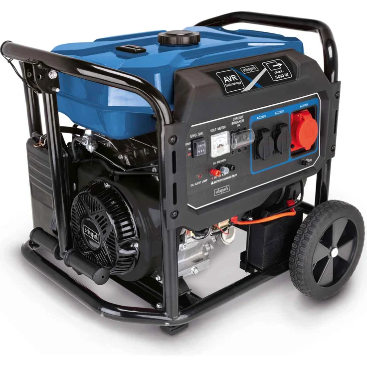 Scheppach SG7100x Benzin Stromgenerator mit E-Start, 4-Takt Benzin Motor mit 12PS, 5400W Leistung, 2x 230V, 1x 400V Steckdose, 12V Anschluss, 25L Tank, AVR-Technologie, inkl. Fahrvorrichtung – Bild 1