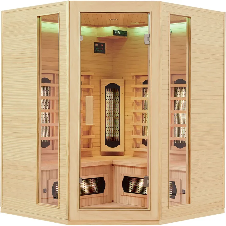Artsauna Infrarotkabine Nyborg E150V – Vollspektrum Infrarotsauna - 4 Personen – LED-Farblicht, digitaler Steuerung – Hemlock-Holz, 150 x 150 x 190 cm