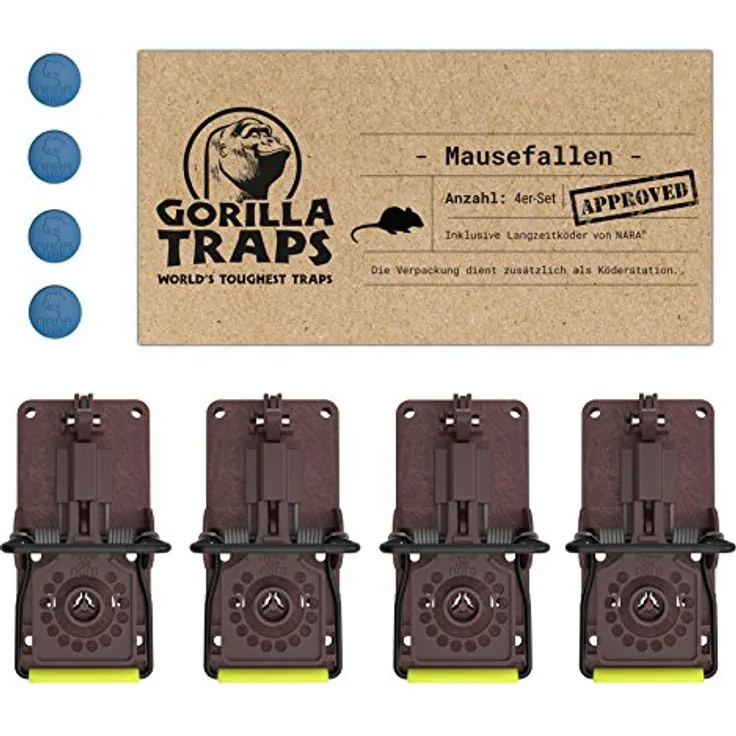 Mausefalle inkl. Monitoring-Köder | Gorilla Traps | 4er Set | Mäuse fangen | Mäuse im Haus
