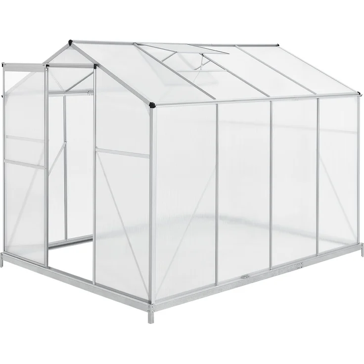 Juskys Aluminium Gewächshaus mit Fundament für Garten 4,75 qm 190 × 253 cm 1 Dachfenster und Schiebetür 4 mm Platten Juskys grau/silber Stahl – Bild 10