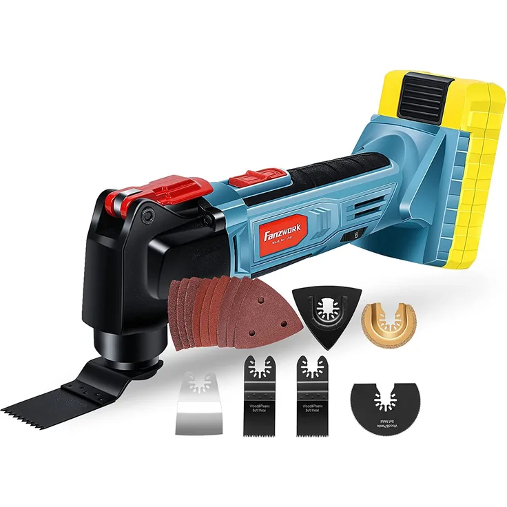 FANZTOOL Akku Multifunktionswerkzeug, 20V EC Motor, Oszillationswerkzeug mit 2Ah Akku, Schnellladekabel, LED Beleuchtung und 6 tlg Zubehör, 6 Geschwindigkeiten