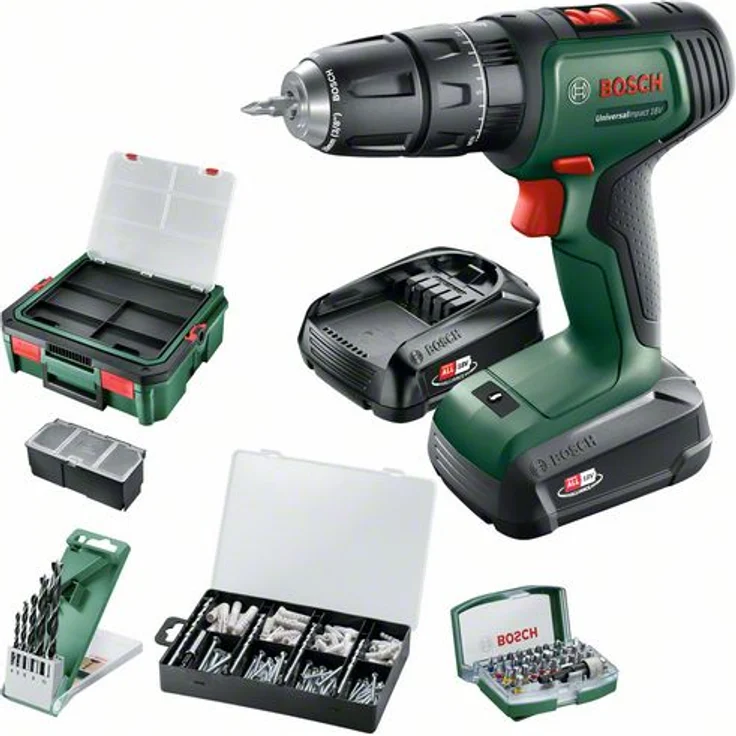 Bosch UniversalImpact 18V 06039D4101 Power for All 18V Akku-Schlagbohrschrauber 2 x 1,5 Ah mit Akku mit Ladegerät mit Systembox und Zubehör – Bild 1