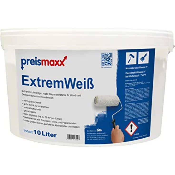 preismaxx ExtremWeiß Wandfarbe weiß 10L hohe Deckkraft, matt, Deckklasse 1