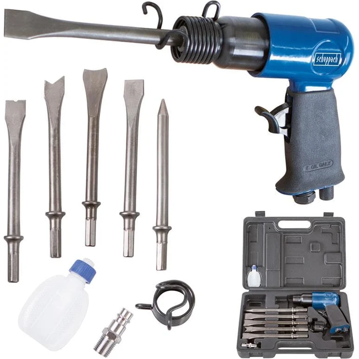 Scheppach Druckluft Meisselhammer Set, enthält 5 Meisseleinsätze und ein Öl-Fläschchen, 4500 Schläge/Minute, Arbeitsdruck 6,3 bar, Luftbedarf- Ø79,2 L/min – Bild 1