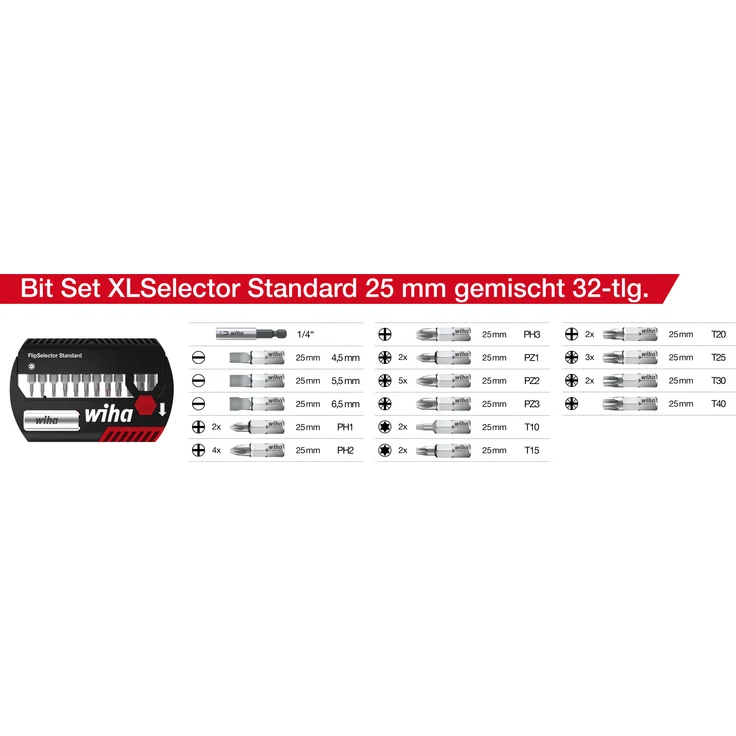 Wiha Bit Set XLSelector Sicherheitsbits Standard 25 mm gemischt 31-tlg. 1/4", Tri-Wing/Spanner/Innensechskant mit Bohrung/Torq-Set/Torx mit Loch/Innenvierkant – Bild 2