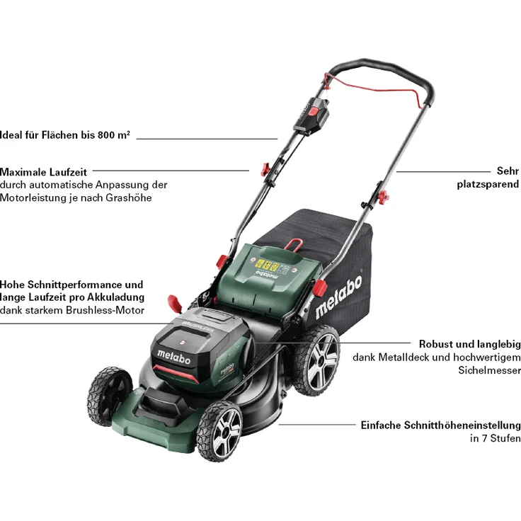 Metabo Akku Rasenmäher RM 36-18 LTX BL 46 (2x 18 Volt Li-Ion für große Flächen bis 800 m², Mulchfunktion, Schnittbreite: 46 cm, bürstenloser Motor) inkl. 2x 5,2 Ah Li-Ion Akku und Ladegerät ASC 145 Duo – Bild 4
