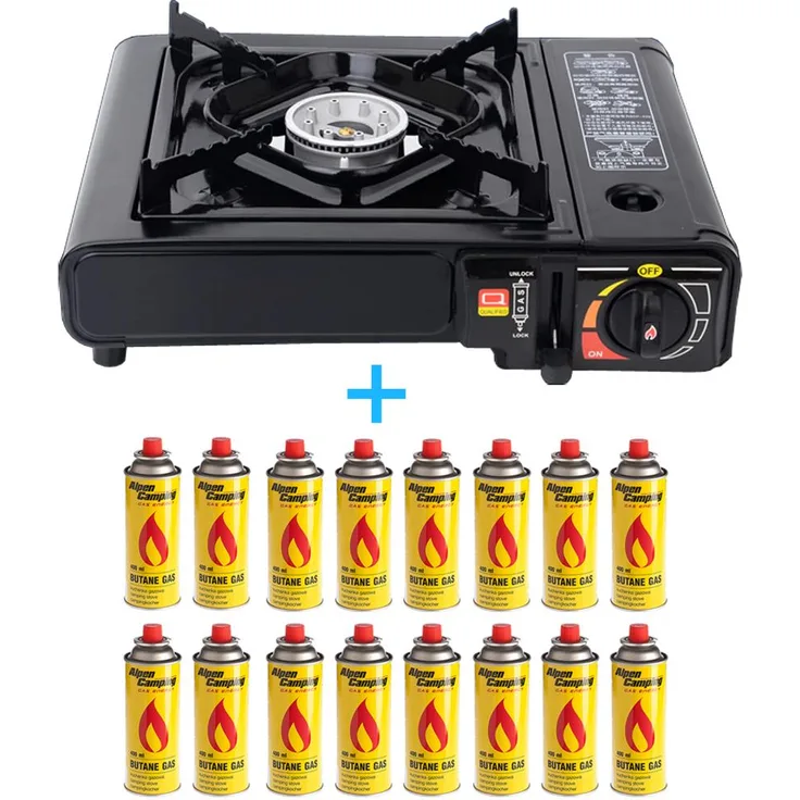 Campingkocher + 16x Gaskartuschen 227g Transportkoffer Camping Gaskocher mit Piezozündung Schwarz Butangas-Butan Gas Kartusche 227g-Piezozündung-Herd-Kochfeld